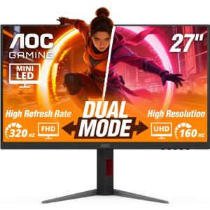 AOC 27 Inch Mini-LED Gaming Monitor, 4K UHD 3840x2160 Computer Monitor, Dual Mode 160Hz 4K / 320Hz FHD, 1ms GtG, IPS, HDR1000, HDMI, DisplayPort, G-Sync Compatible, 3-Year Zero-Bright-Dot, U27G4XM