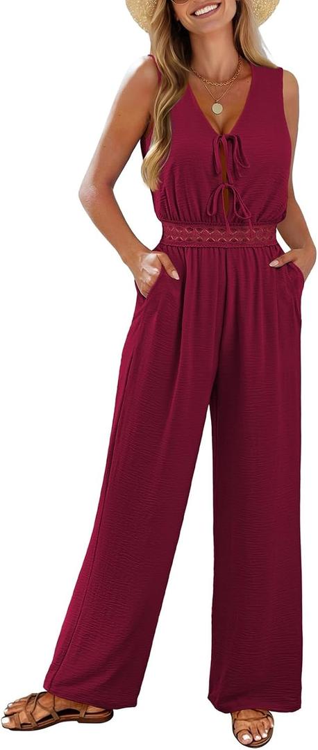 Pink Queen Jumpsuits for Women Dressy Sleeveless V Neck Tie Front Wide Leg Pants Romper Casual Vacation Outfits (Red, XL)