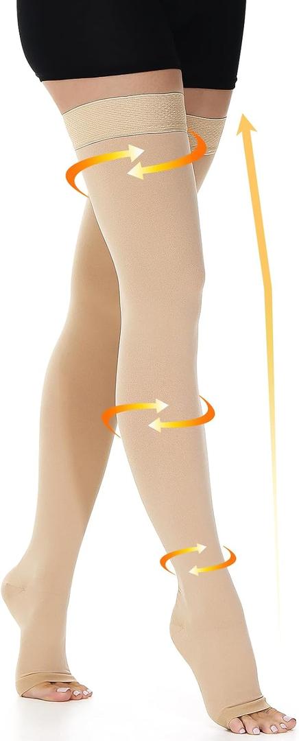 beister 15-20 mmHg Open Toe Medical Compression Stockings for Women Men, Thigh High Graduated Compression Socks with Dot Silicone Band, Support Circulation Pressure Stockings for Varicose Veins, Edema