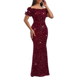 dasmzper Women Sexy Sequin Off Shoulder Ruffle Short Sleeve Bodycon Mermaid Party Formal Evening Maxi Dress, XL