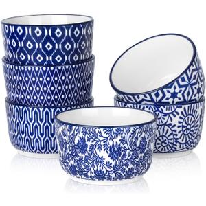 Selamica Ceramic 8 Oz Ramekins, Creme Brulee Ramekins, Oven Safe Baking Dishes/Cups for Souffle Custard Pudding, Small Bowls for Ice Cream Dip, Set of 6, Vintage Blue