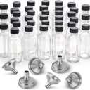36 Pack, 2 oz Small Clear Glass Bottles w/ Lid & 6 Stainless Steel Funnels - 60ml Boston Sample Bottles - Mini Travel Essential or Decorative Bottles for Potion, Juice, Wellness, Ginger Shots, Whiskey