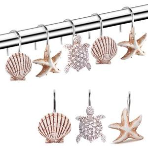 Decorative Shower Curtain Hooks, Seashell Turtles Shower Curtain Rings, Beach Theme Rust Proof Bath Shower Hooks, 12 Pack Bathroom Decoration Ocean Coastal Shower Curtain Hangers