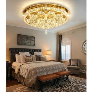 Modern Chandeliers for Living Room Crystal Chandelier Ceiling Light Fixture LED Dimmable with Remote Pendant Lighting Flush Mount Lighting for Dining Room Bedroom Gold (32'')