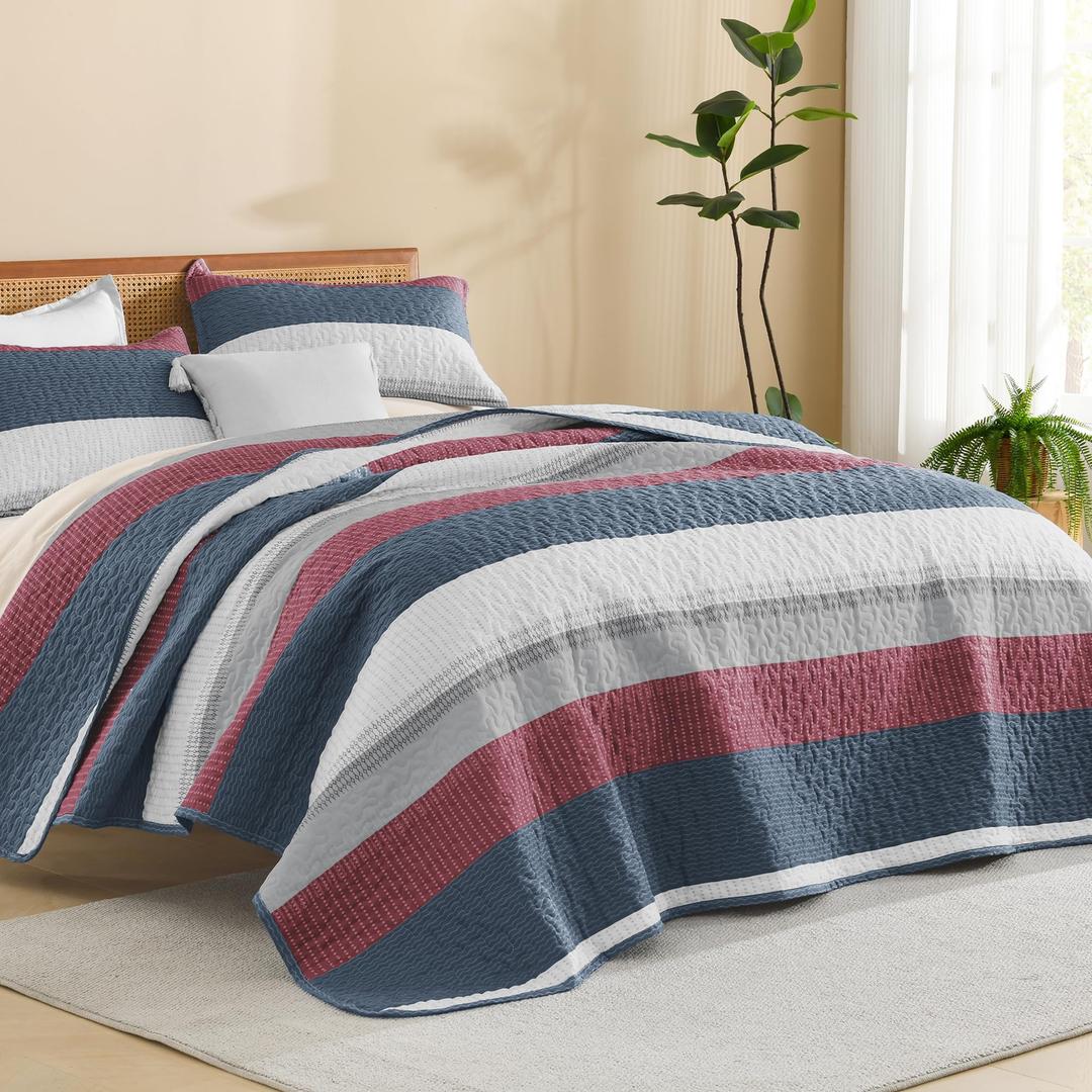 Litanika Quilt Queen Size Blue and Red, Stripe Patchwork Summer Bedspread Coverlet 3 Pieces, Soft Lightweight Polyester Quilted Bedding Set for All Season(1 Quilt, 2 Pillowcases)