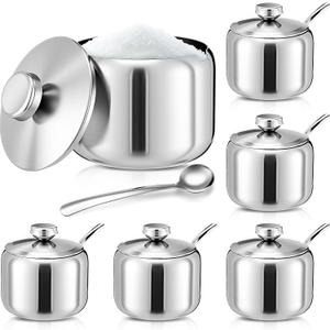 6 Pcs Stainless Steel Sugar Bowl with Lid and Spoon, 8.45 oz Sugar Containers Round Condiment Dispenser, Seasoning Jar for Serving Pepper Seasoning Bar Kitchen(Round Finial, Silver)