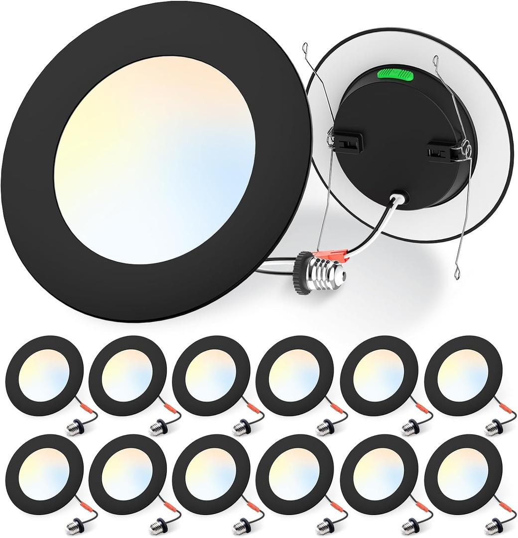 ALUSSO LIGHTING 6 Pack 6 Inch LED Recessed Lighting,Black Can Lights Retrofit Trim, 12W, 1100LM, 5CCT Selectable, 2700K/3000K/4000K/5000K/6000K Downlight Dimmable, Damp Rated, Black