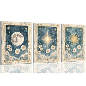3pcs Sun And Moon Celestial Wall Art Vintage Tarot Astrology Wall Decor Painting Sun Flower And Full Moon Canvas Pictures Boho Celestial Prints Posters for Bed Room Home Decor 16x24 Inch Framed