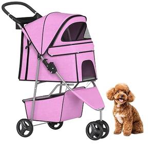 DUMOS 3 Wheels Pet Stroller for Dogs and Cats, Lightweight Foldable Dog Stroller with Mesh Windows, Storage Basket & Cup Holder, Durable Pet Carrier for Travel, Pink