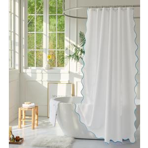White Fabric with Aqua Scalloped Border Shower Curtain,Boho Chic Cloth Shower Curtain for Bathroom Showers,72 x 72 Inches