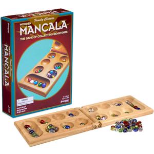 Pressman Mancala Board Game | Fun Classic Table for Adults & Kids | Includes 48 Glass Mancala Stones and Wood Hinged Playing Board | 2 Players, Ages 6+