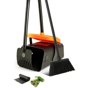Eyliden Pooper Scooper Broom Set, Include - Dustpan with Lid, Rake, Broom, 35 Waste Bags, 46" Adjustable Long Handle - Yard Lawn Garden Dog Pooper Scooper Leaf Rake, Dust Pan and Broom Combo (Orange)