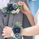 Serwalin 2 Pcs Wrist Corsage and Boutonniere Set, 6-7 Inch Dusty Blue Corsage for Wedding, Boutonniere for Men Corsage Wristlet Prom Ceremony Anniversary Accessories Suit