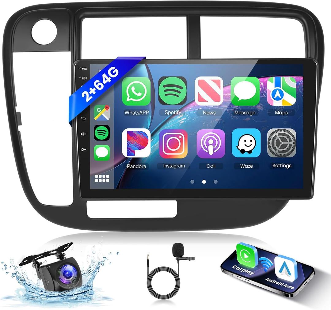 Hodozzy 4Core 64G Car Stereo for Honda Civic 1996-2001 with Wireless Carplay Android Auto, 9-Inch Touch Screen with GPS/WiFi/Bluetooth, FM RDS, Mirror Link, Backup Camera 2 din Radio for Honda