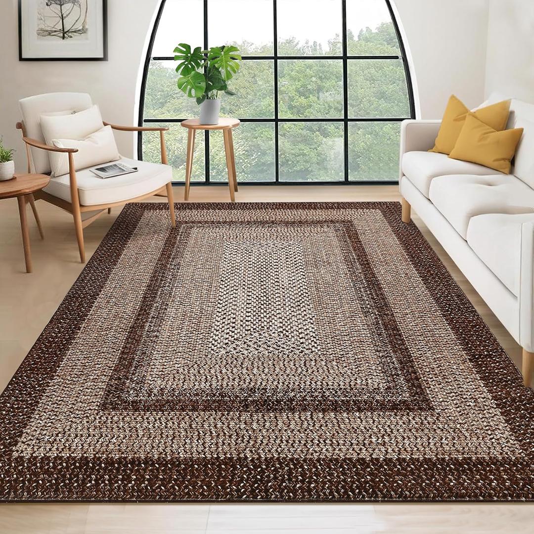 9x12 Living Room Rug Large Washable Rug Non Slip Boho Accent Braided Print Carpet Indoor Throw Floor Cover Farmhouse Rustic Area Rug Bohemian Border Carpet for Bedroom Home Decor, Brown (9' x 12' (Rectangular))