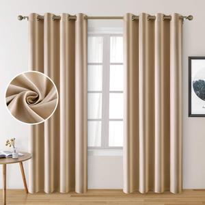 HOMEIDEAS 2 Panels Beige Faux Silk Blackout Curtains, 52 X 96 Inch Champagne Gold Room Darkening Satin Thermal Insulated Window Drapes for Bedroom, Indoor