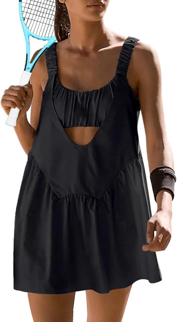 Sexyasasii Women Tennis Dress with Built in Shorts and Bra Sleeveless Casual Backless Golf Dress Athletic Dress with Pockets (Medium, Black)