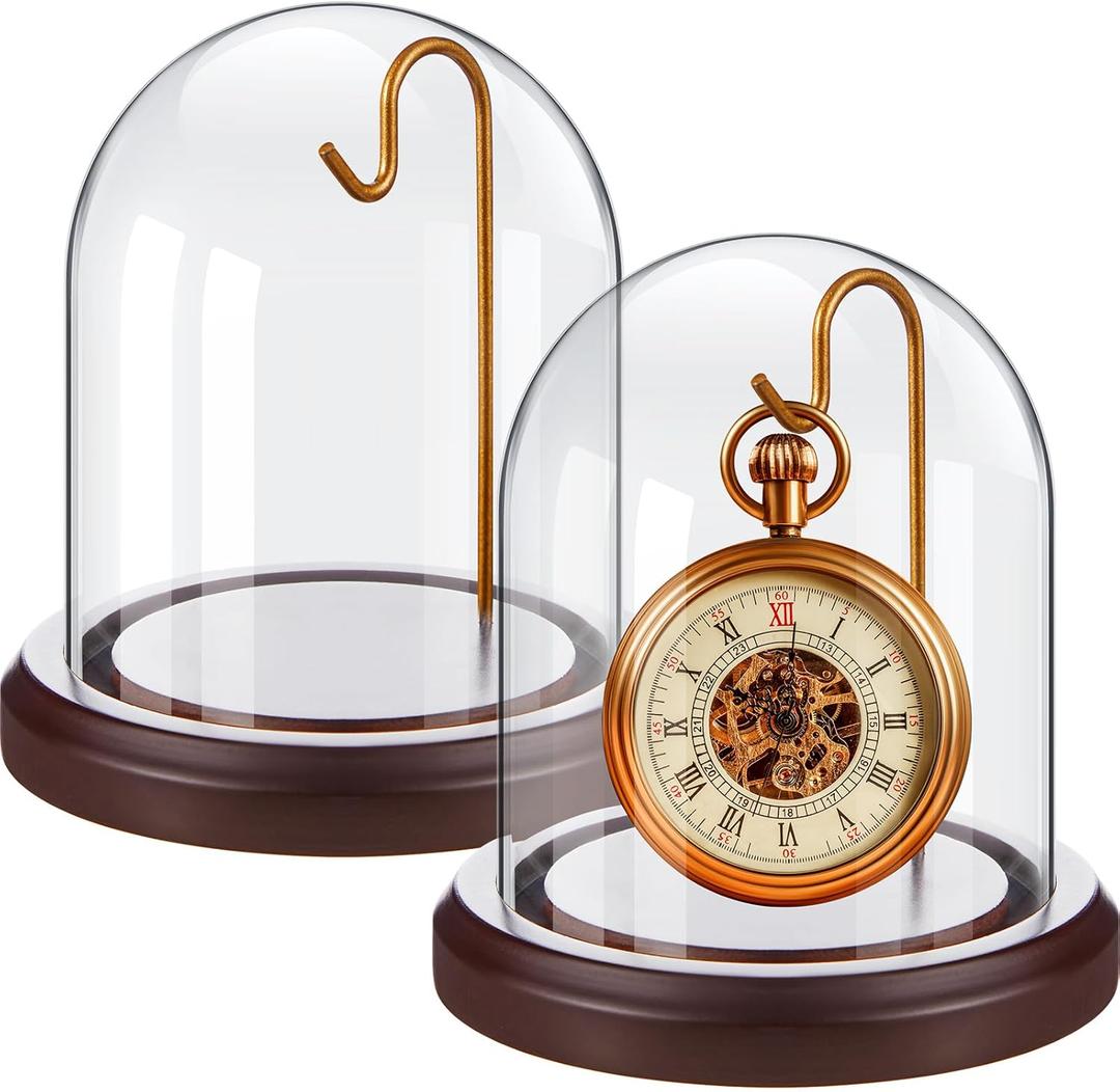 Beeveer 2 Pcs Pocket Watch Glass Display with Hooks Dome Cloche with Wood Base Christmas Decorative Showcase for Watch Plants Medals Photos Collectibles(Reddish Brown,3" X 4",Dome Style)
