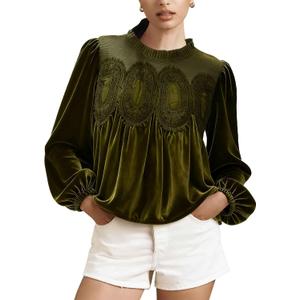 Velvet Tops for Women Lace Trim Long Sleeve Blouse Elegant Flared Crew Neck Loose Fit Ruffle Flowy Babydoll Shirts (Large, Green)
