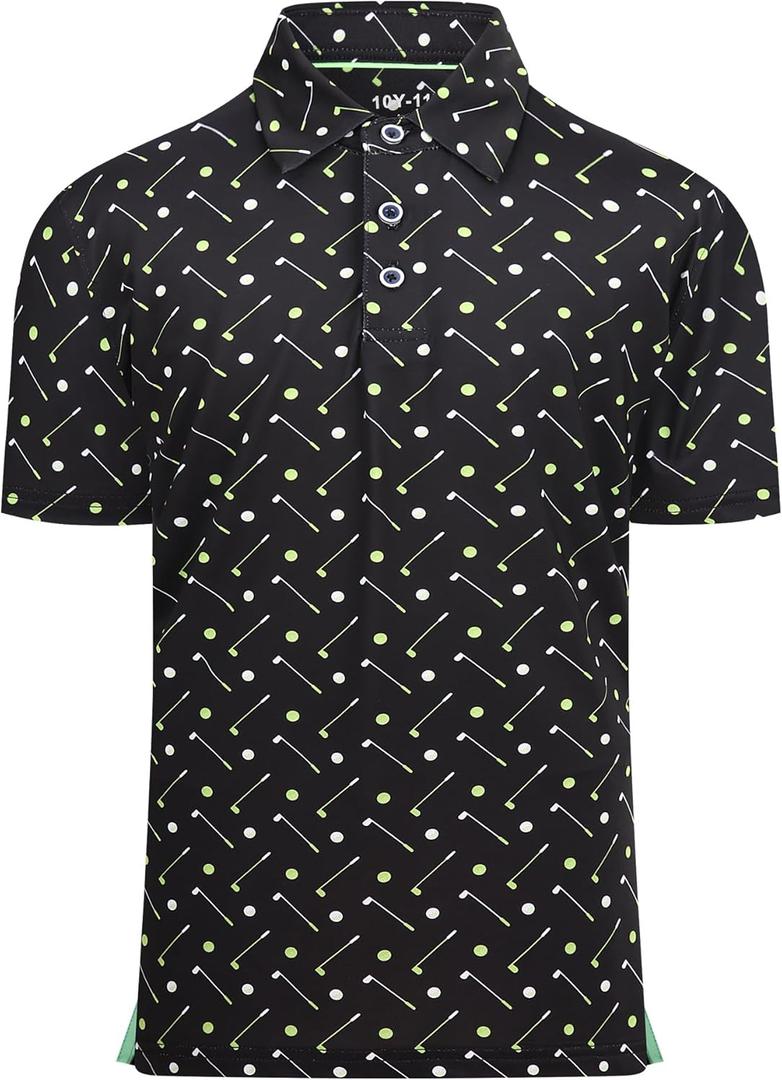 Damipow Boys Golf Shirt Moisture Wicking Youth Polo Shirts Quick Dry Kid Collared Shirt (6 Years, Black Balls)