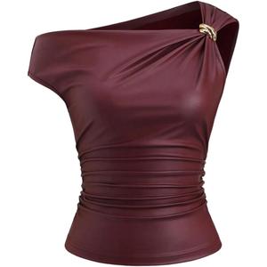 Milumia Women's Asymmetrical Off The Shoulder Leather Top Y2k Ruched Going Out Crop Tank Tops (Red, S)