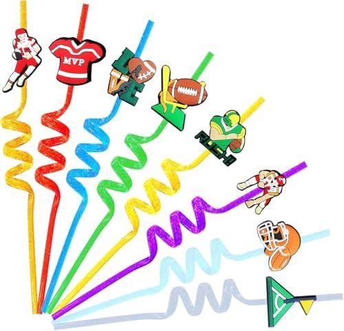 24Pcs Bling Glitter Football Party Favors Straws Reuseable Football Drinking Straws For Football Party Supplies Birthday Party Decoration with 2 Cleaning Brush.