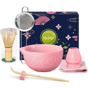 Matcha Whisk Set Matcha Kit - 7 Pcs Japanese Tea Set Includes Matcha Bowl with Spout,Bamboo Whisk with Ceramic Holder,Bamboo Scoop and Rest,Sifter,Tea Towel, for Ceremony Matcha Lovers Gift,Pink