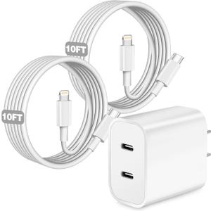 iPhone Charger,Dual Port USB C iPhone Charger Fast Charging Block,Super Fast Apple Double Type C Wall Chargers,2Pack 10FT Quick USB C Lightning Cable for iPhone 14 Pro Max/13 Pro/12/11/MiNi/XS/XR/8/SE (White)