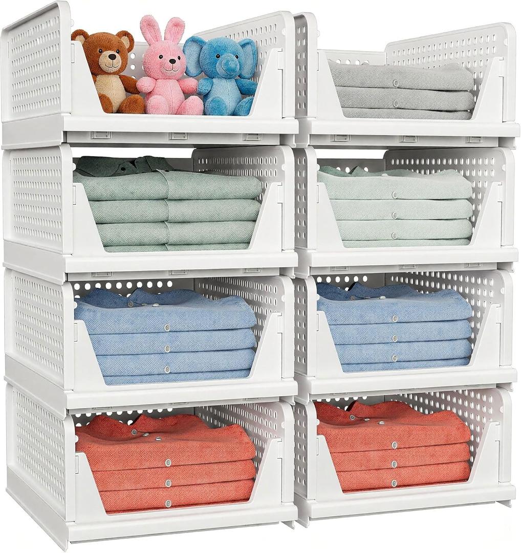8 Pack Stackable Closet Storage Basket - Stackable Storage Bins, Multifunctional & Foldable Closet Organizer Waterproof, Wardrobe Cupboard Space-Saving Hat Storage Drawer Organizer, White