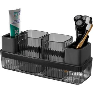 Toothbrush Holder for Bathrooms, 2 Cups Toothbrush Organizer for Bathroom Countertop, Toothbrush Holder Toothbrush Storage for Shower, Tooth Brushing Holder Cup Tray and Toothpaste Caddy Black
