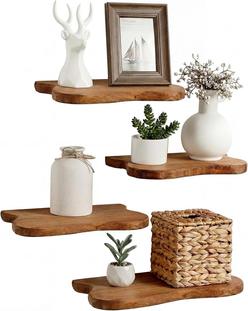Pinkunn 4 Pcs Floating Shelves for Wall Wooden Live Edge Shelf Wall-Mounted Natural Solid Wood Bedroom Kitchen Storage Living Room Nursery Decor (15.74 Inch)