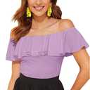 WDIRARA Women's Stretchy Off Shoulder Flounce Sleeve Sexy Slim Blouse Tops Shirt (XX-Large, Lilac Purple)