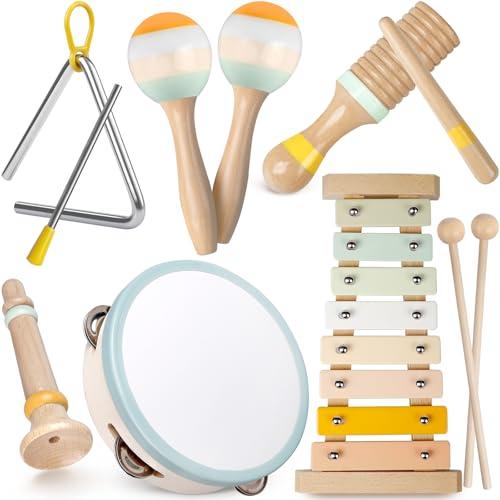 Baby Musical Instruments - Neutral Colors Musical Toys for Toddlers 1-3, Montessori Wooden Percussion Instruments Set with Modern Boho Xylophone Tambourine, Kids Preschool Educational Birthday Gifts