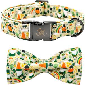 Elegant little tail St. Patrick's Dog Collar, Green Clover Print Sturdy Soft Dog Collars Pet Gift Puppy Bowtie Adjustable Pet Collars for Small Dogs (Small (Pack of 1), A: Gold Lucky)