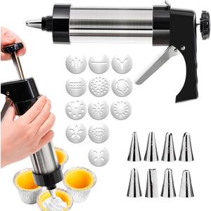 Cookie Press Gun Kit Stainless Steel Spritz Cookie Press for Baking Icing Gun with 13 Cookies Discs and 8 Piping Tips for DIY Biscuit Maker, Cake Icing Decoration (COLOR:silver)