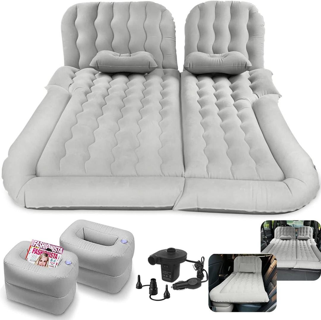 Byomostor 3 in 1 Car Air Mattress, SUV Mattress for Back Seat Cargo Area Car Mattress with Electric Air Pump-2 Support Fillers & 2 Pillows Fits SUV|MPV|Sedan|Minivan for Road Trip Camping Grey