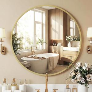 NEWBULIG 30 Inch Round Wall Mirror, Bathroom Mirror for Over Sink, Matte Metal Framed Circle Vanity Mirror, Wall Decor for Bedroom, Entryway, Anti-Rust, Tempered Glass, Hanging or Leaning, Gold