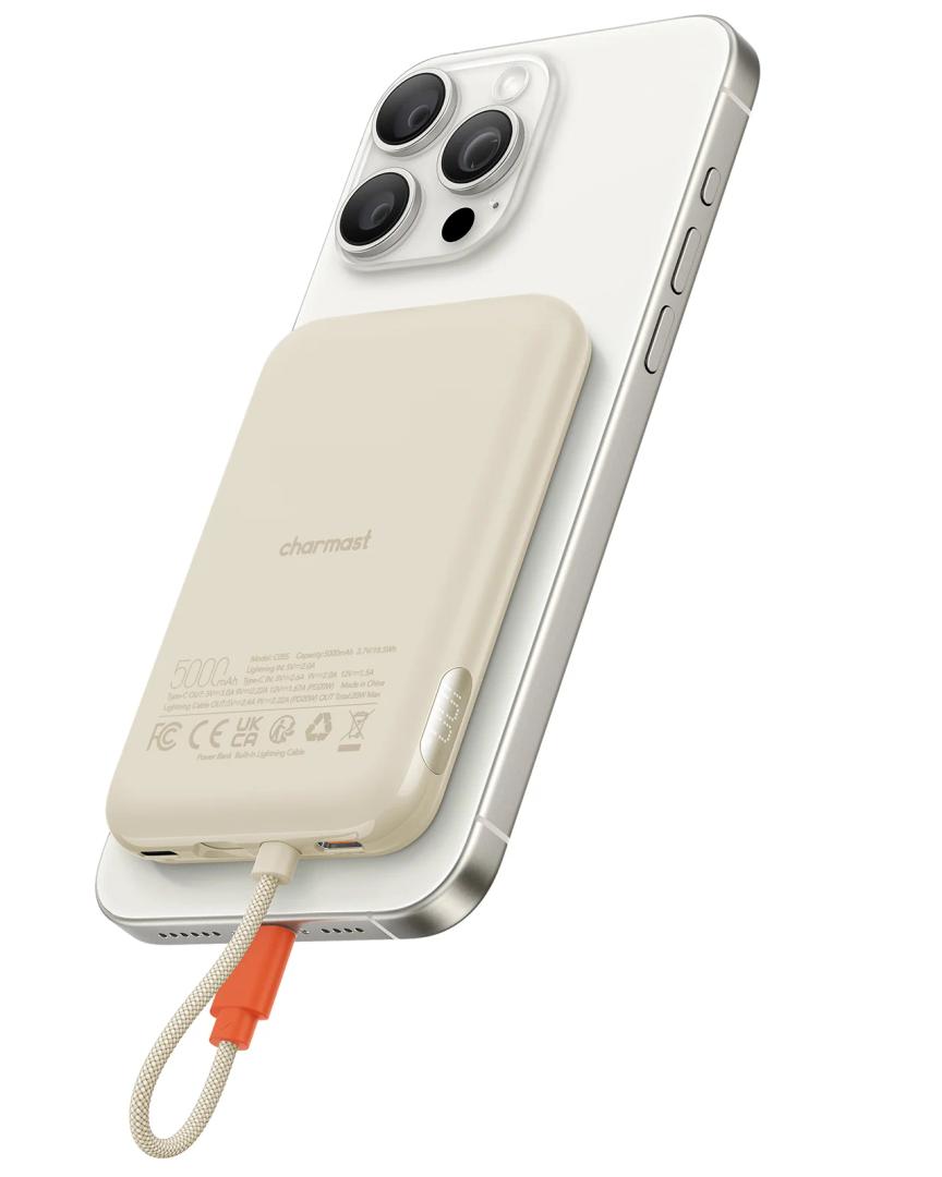 Charmast Slim Portable Charger, 5000mAh Fast Charging Power Bank Built in for iPhone Cable, Digital Display Battery Pack Compatible with iPhone 14/ 14 Pro Max/ 13/ 13 Pro Max/ 12/ 11/ XR/ X (No-Wireless)