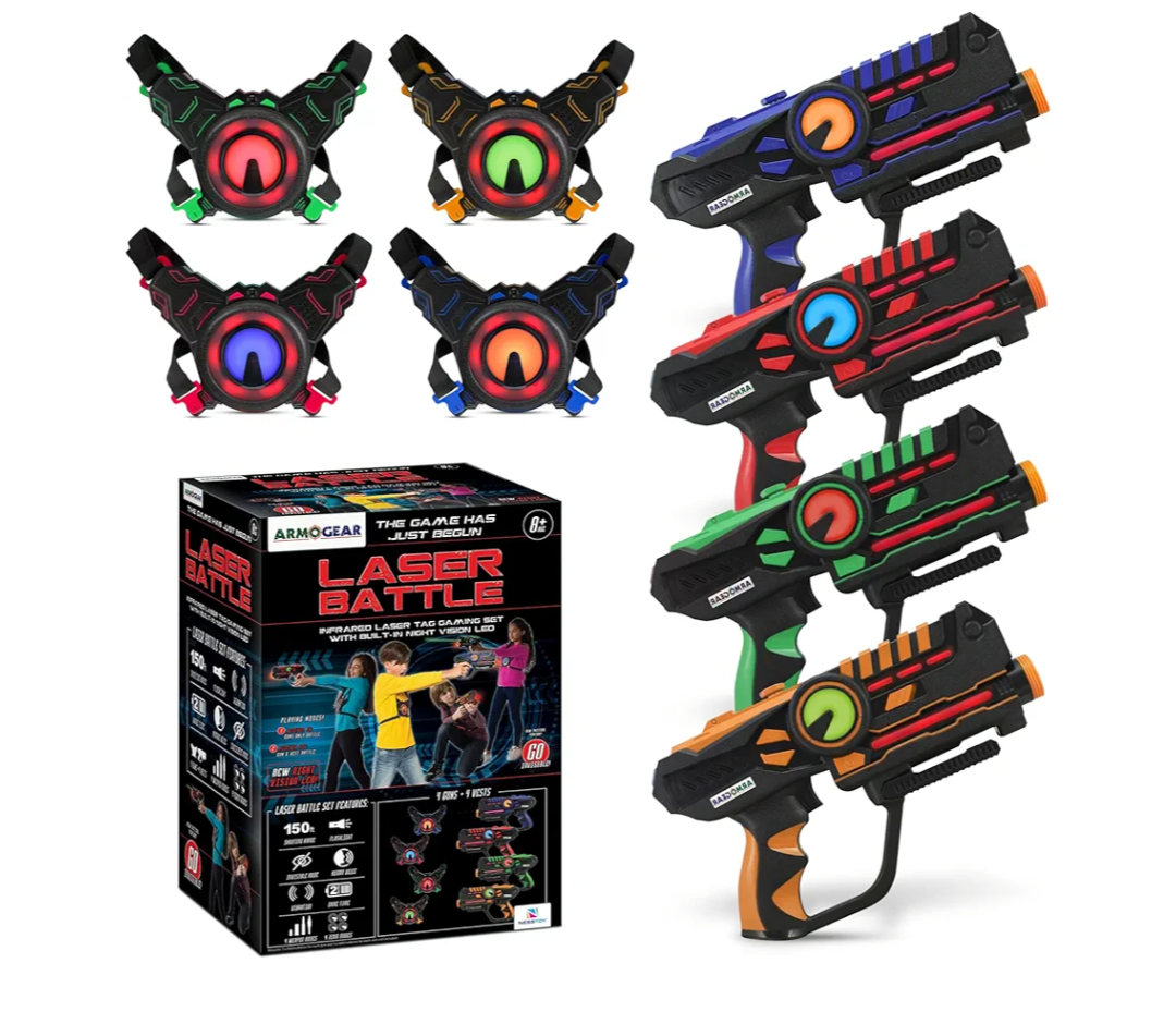 ArmoGear Set of 4 Laser Tag Guns with Vests  Laser Tag Set for Kids and Adults  Toy Guns with 150 ft Range, Night Vision, Invisibility Mode  Battery Operated  Multiplayer Outdoor Game for Ages 8+