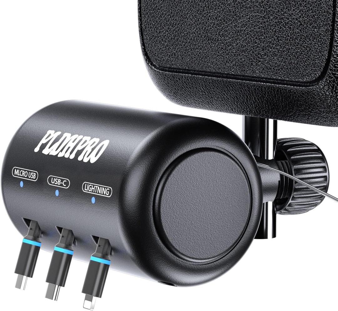 Retractable Car Backseat 3 in 1 Multi Charging Station Box with USB Type C Lightner Retractable Cables for All Phones | iPhone | Samsung | Android | Uber | Share Ride Customer Charging Dock