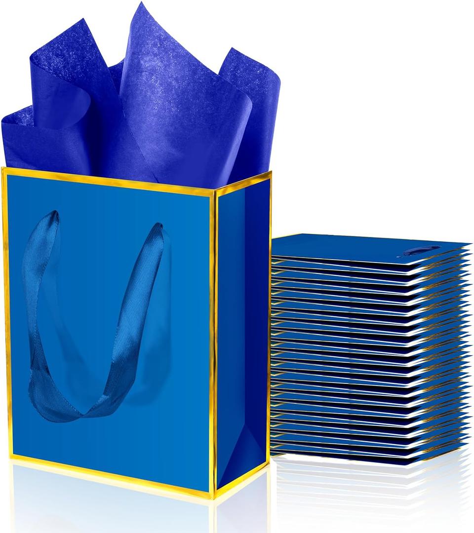 ysmile 20 Pack Small Gift Bag Bulk with Tissue Paper, Metallic Mini Paper Bag with Handle for Men Boy Birthday Anniversary Wedding Baby Shower 6" - Navy Blue
