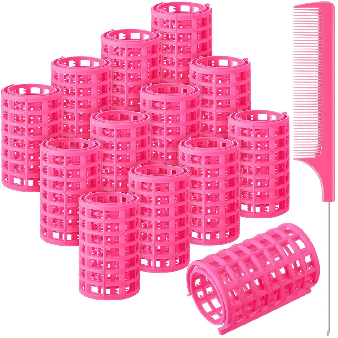 Syhood 12 Pcs Plastic Hair Rollers for Women Large Size Curlers Set Snap Roller Clips with Rat Tail Comb for Long Medium Short Hair Bangs, Salon Hairdressing Styling Tool(2.6 x 1.4 Inch,Pink)