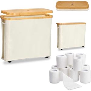 24 L Toilet Paper Storage Basket, Collapsible Bathroom Toilet Paper Holder Tall Slim Laundry Hamper with Lid Wood Toilet Roll Organizer for Bathroom Holds Up to 9-12 Rolls (Beige)
