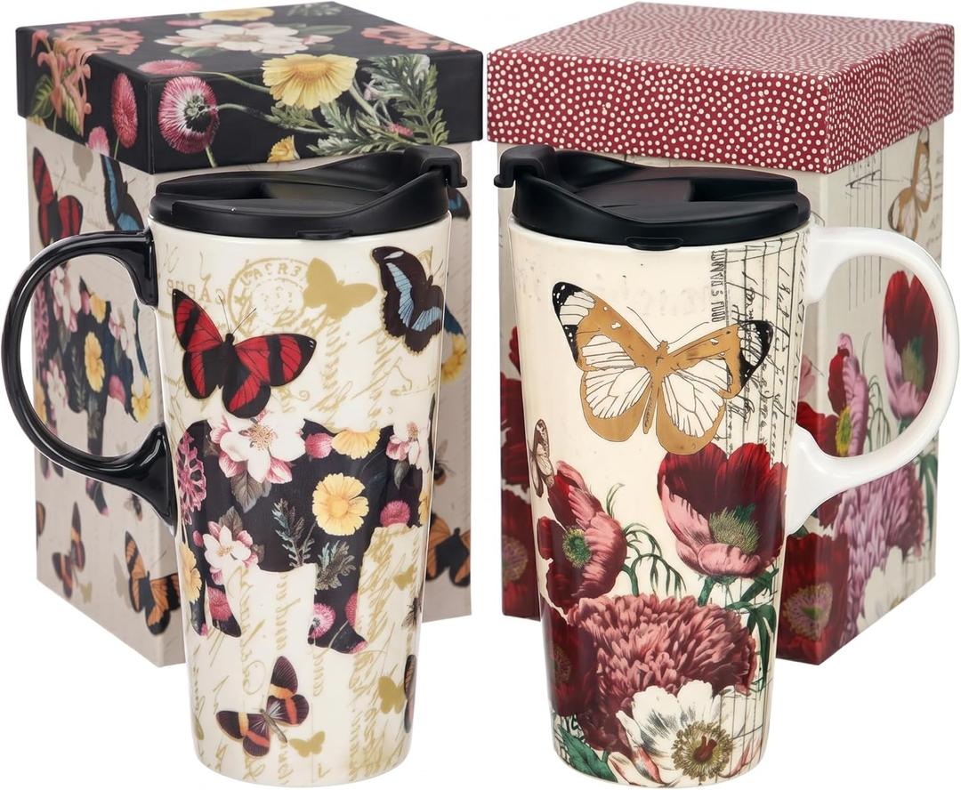 Topadorn Ceramic Coffee Mug Set of 2, 17 Oz Tea Cups with Handle and Lid for Latte, Tea, Cappuccino, Milk, Cocoa, Microwave&Dishwasher Safe, Flowers and Butterflies