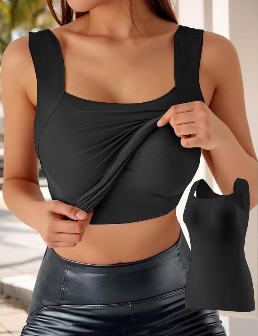Women's Built-in Bra Tank Top U Neck Seamless Fitted Top Slim Fit Sleeveless Workout Shapewear Outfit, Small Black