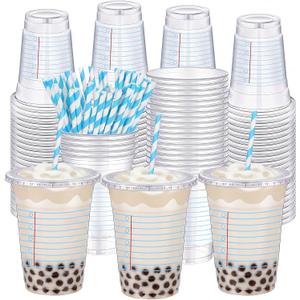 Sliner 50 Pcs Back to School Classroom Plastic Cups Bulk with Straw 16 oz Disposable Notebook Plastic Cups Drinkware for Back to School Party Supplies Favor