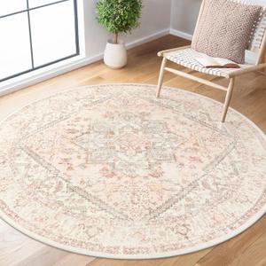 LIVEBOX Washable Peachy Pink Rug 5ft - Medallion Vintage Circle Rugs for Bedroom, Low-Pile Tribal Print Carpet for Nursery, Non-Slid Distress Floral Circular Rug for Living Room Kid's Room Entryway