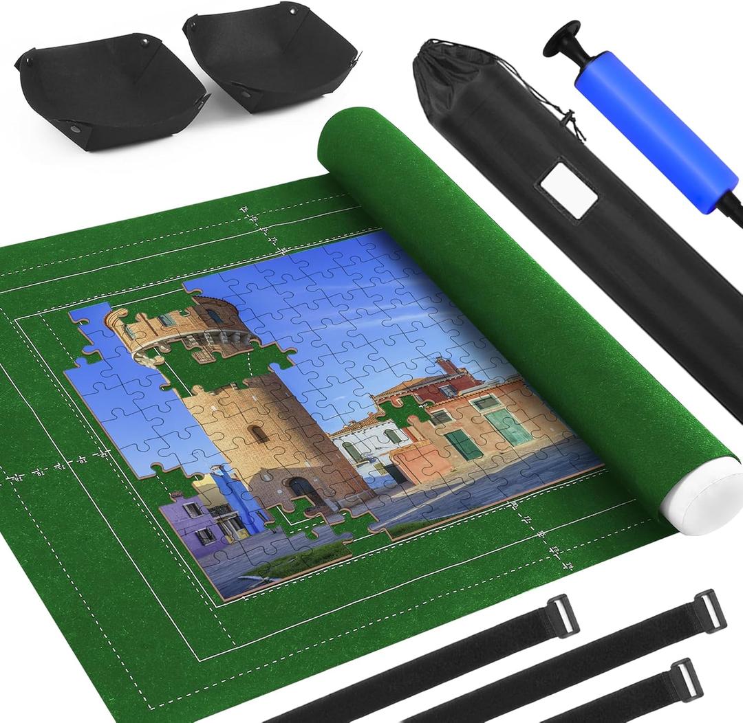 Jigsaw Puzzle Mat Roll Up Fits 2000 1500 1000 Pieces Puzzles, Large Pad Portable Table Non-Slip Board Saver Mats with 2 Sorting Trays, Inflatable Tube, Straps, Keeper Storage Bag, Adults Gifts (Green Felt)