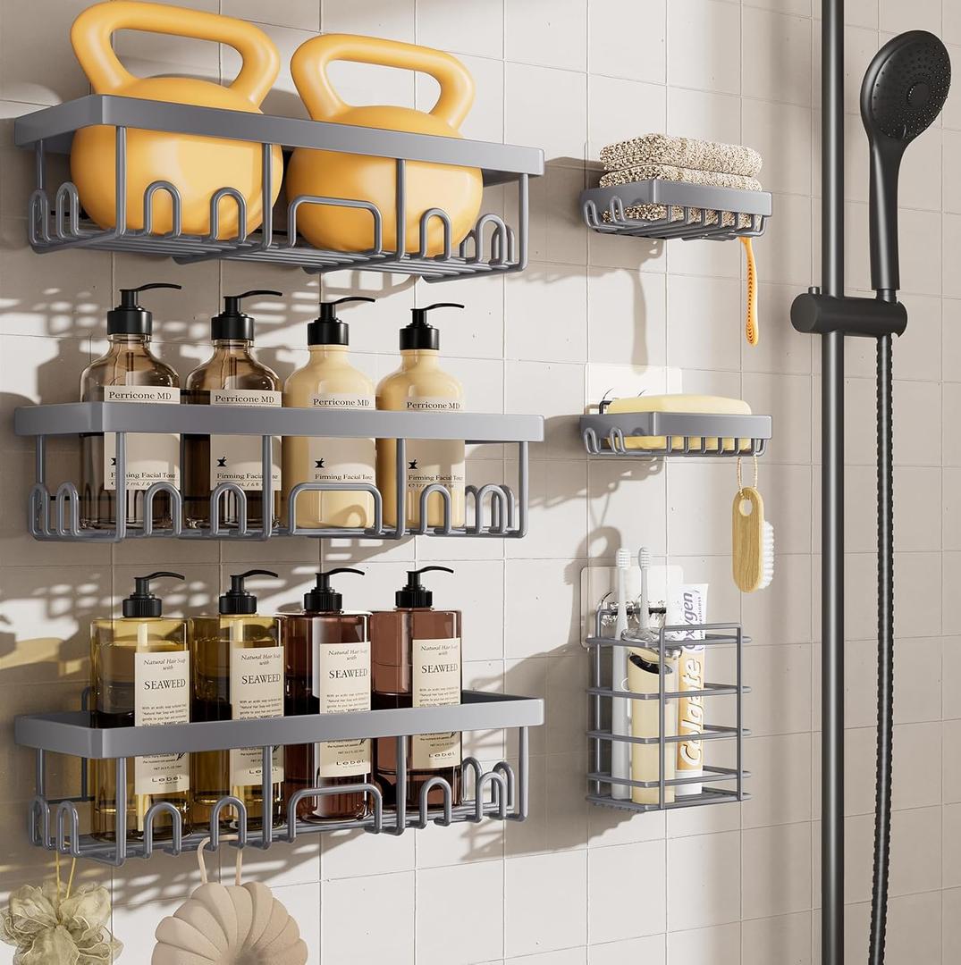 Veken 6-Pack Rustproof & Waterproof Shower Caddy, Adhesive Shelves Rack, Large Capacity Bathroom, College Dorm & Apartment Organizers, No-Drill Wall Mount Living Room & Bedroom Decor, Light Grey (6-Piece Set)