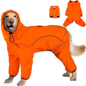 Dog Raincoat, Waterproof Dog Rain Jacket with Removable Hood Adjustable 4 Legs Pet Poncho with Leash Hole Reflective Stripe Hooded Snow proof Windproof Clothes for Dogs, M (Orange)
